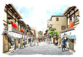 08-大津宿の町並みを描いた手描きパース