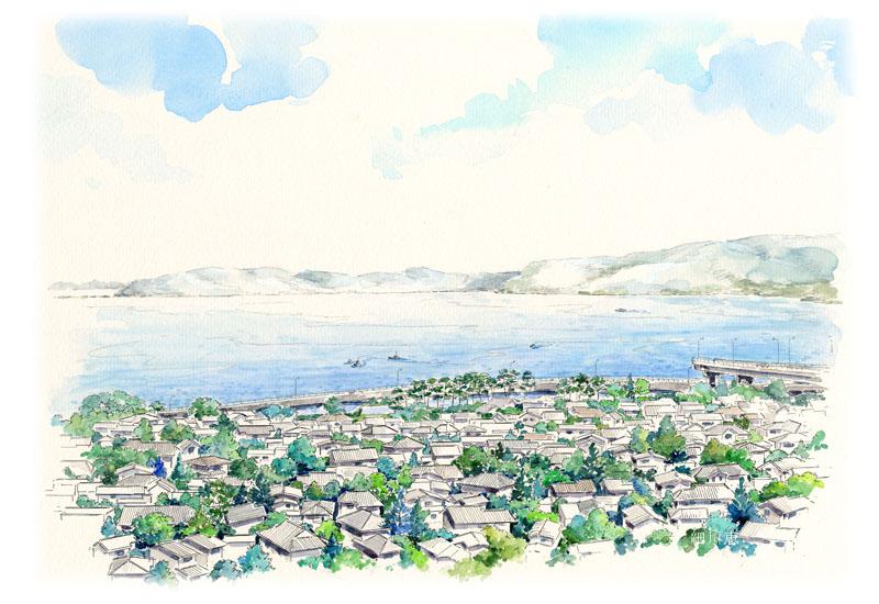 15 海の見える街並み 眺望イラスト 手描きイラスト 手書きパース
