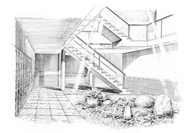 19 日本庭園 鉛筆画パース 和風中庭 建築パース 手書き 手描きパース