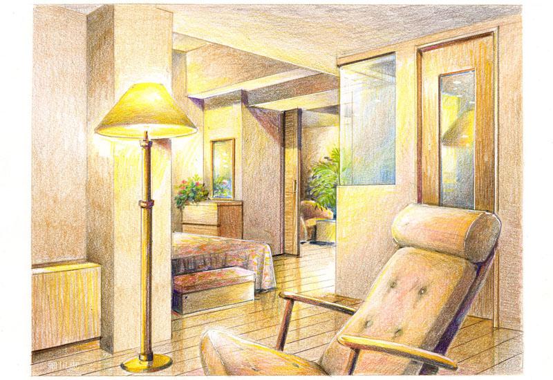 23 色エンピツ画 手書きパース 寝室 手描きイラスト 建築パース